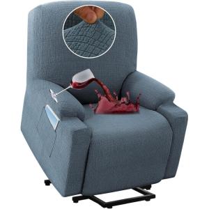 imageHVERSAILTEX 100 Waterproof Stretch Recliner Cover Electric Power Lift Recliner Chair Cover for Elderly People with Side Pocket Soft Thick Jacquard Medium Stone BlueStone Blue
