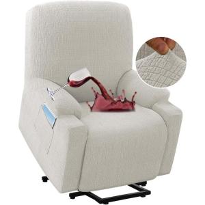 imageHVERSAILTEX 100 Waterproof Stretch Recliner Cover Electric Power Lift Recliner Chair Cover for Elderly People with Side Pocket Soft Thick Jacquard Medium Stone BluePale Oak
