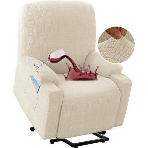 imageHVERSAILTEX 100 Waterproof Stretch Recliner Cover Electric Power Lift Recliner Chair Cover for Elderly People with Side Pocket Soft Thick Jacquard Medium Stone BlueIvory