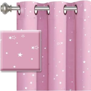 imageHVERSAILTEX Blackout Curtains for Bedroom Foil Print Twig Tree Branch Thermal Insulated Grommet Curtain Drapes Light Blocking Thick Soft Window Curtains for Living 52 x 84 Inch 2 Panels SageGlitter Stars in Pink Base