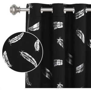 imageHVERSAILTEX Blackout Curtains for Bedroom Foil Print Twig Tree Branch Thermal Insulated Grommet Curtain Drapes Light Blocking Thick Soft Window Curtains for Living 52 x 84 Inch 2 Panels SageFoil Feather in Black
