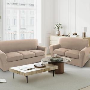 imageHVERSAILTEX Couch Cover Set for Sofa and Loveseat Stretch 4 Piece Sofa Covers for 3 Cushion Couch3 Piece Loveseat Covers for 2 Cushion Couch Feature Thicker Jacquard Fabric DoveSand