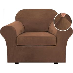 imageHVERSAILTEX Modern Velvet Plush 4 Piece High Stretch Sofa Slipcover Sofa Cover Furniture Protector Form Fit Thick Velvet Sofa Cover for 3 Cushion Couch Width Up to 90 Inch Sofa Bronze BrownCaramel