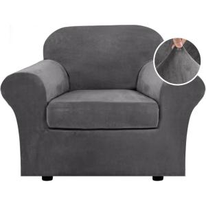 imageHVERSAILTEX Modern Velvet Plush 4 Piece High Stretch Sofa Slipcover Sofa Cover Furniture Protector Form Fit Thick Velvet Sofa Cover for 3 Cushion Couch Width Up to 90 Inch Sofa Bronze BrownGrey