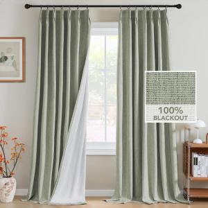 imageHVERSAILTEX Pinch Pleated Full Blackout Curtains Linen Blended Chenille Blackout Curtains 84 inch Length 2 Panels Bedroom Thermal Insulated Farmhouse Neutral Track Drapes with Hooks Heather NaturalHeather Sage