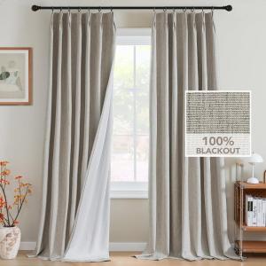 imageHVERSAILTEX Pinch Pleated Full Blackout Curtains Linen Blended Chenille Blackout Curtains 84 inch Length 2 Panels Bedroom Thermal Insulated Farmhouse Neutral Track Drapes with Hooks Heather NaturalHeather Stone