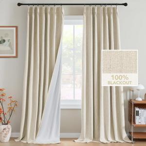 imageHVERSAILTEX Pinch Pleated Full Blackout Curtains Linen Blended Chenille Blackout Curtains 84 inch Length 2 Panels Bedroom Thermal Insulated Farmhouse Neutral Track Drapes with Hooks Heather NaturalHeather Bleached Sand