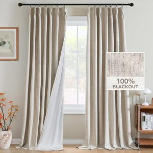 imageHVERSAILTEX Pinch Pleated Full Blackout Curtains Linen Blended Chenille Blackout Curtains 84 inch Length 2 Panels Bedroom Thermal Insulated Farmhouse Neutral Track Drapes with Hooks Heather NaturalHeather Natural