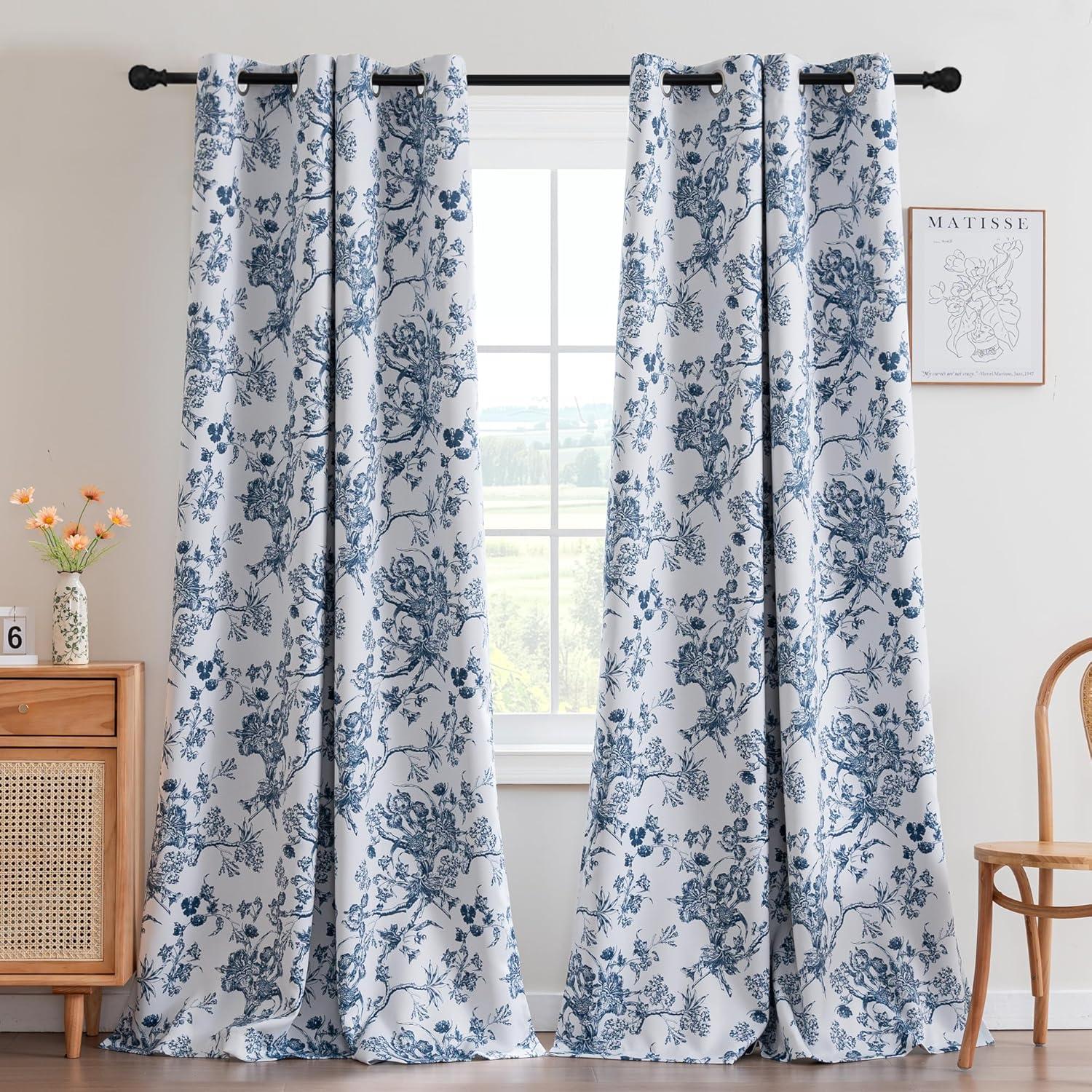 imageHVERSAILTEX Blackout Curtains 63 Inch Length 2 Panels Set Floral Print Drapes Farmhouse for Living Room Grommet Room Darkening Curtains Vintage Boho Window Treatment2 Panels NavyStone Blue