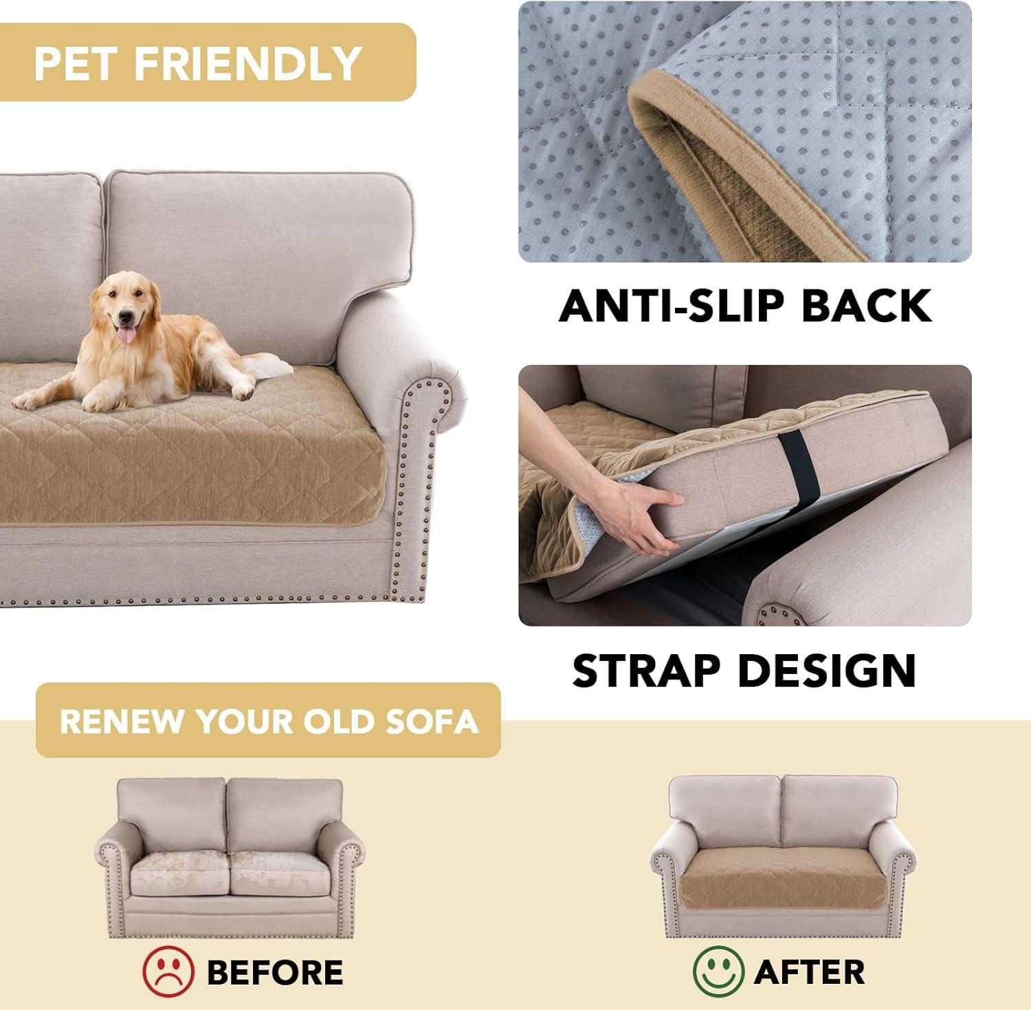 imageHVERSAILTEX Couch Cover Chenille Pet Fuzzy Sofa Covers for 3 Cushion Couch Anti Slip Washable Sofa Slipcovers with Strap Soft Couch Protector Cover for Dogs Cats Kids36quot x 82quot GreyKhaki