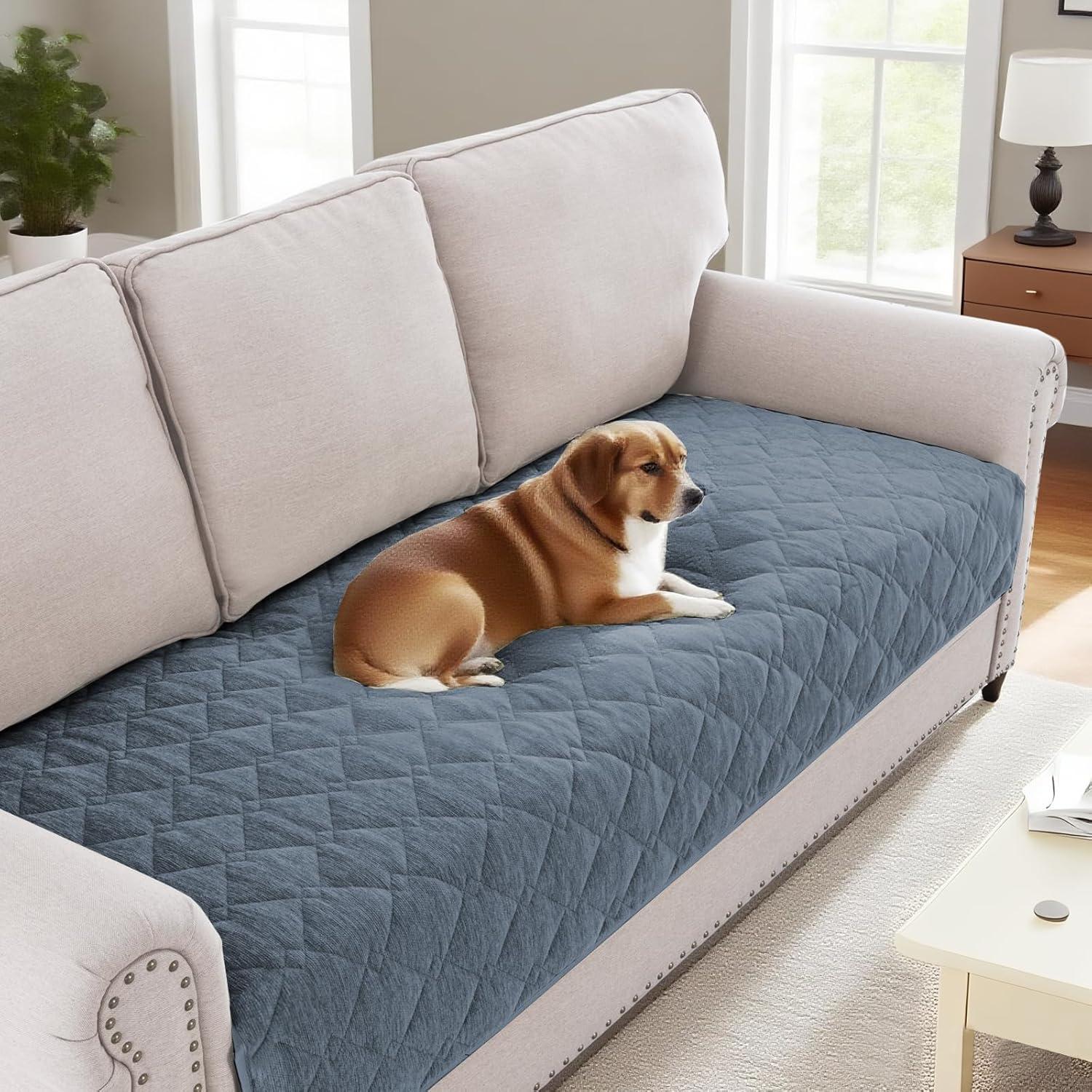 imageHVERSAILTEX Couch Cover Chenille Pet Fuzzy Sofa Covers for 3 Cushion Couch Anti Slip Washable Sofa Slipcovers with Strap Soft Couch Protector Cover for Dogs Cats Kids36quot x 82quot GreyStone Blue