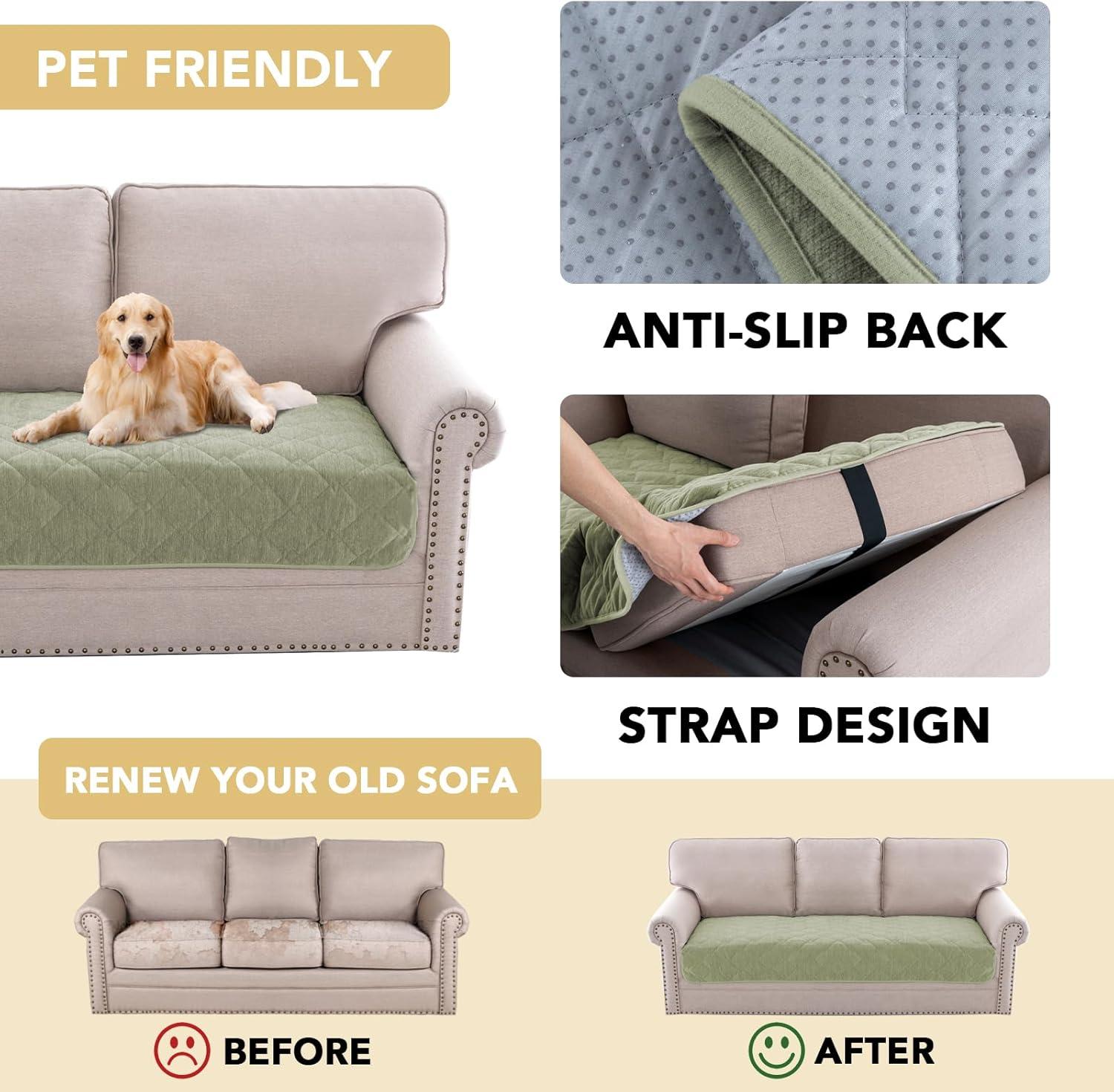 imageHVERSAILTEX Couch Cover Chenille Pet Fuzzy Sofa Covers for 3 Cushion Couch Anti Slip Washable Sofa Slipcovers with Strap Soft Couch Protector Cover for Dogs Cats Kids36quot x 82quot GreyTender Green