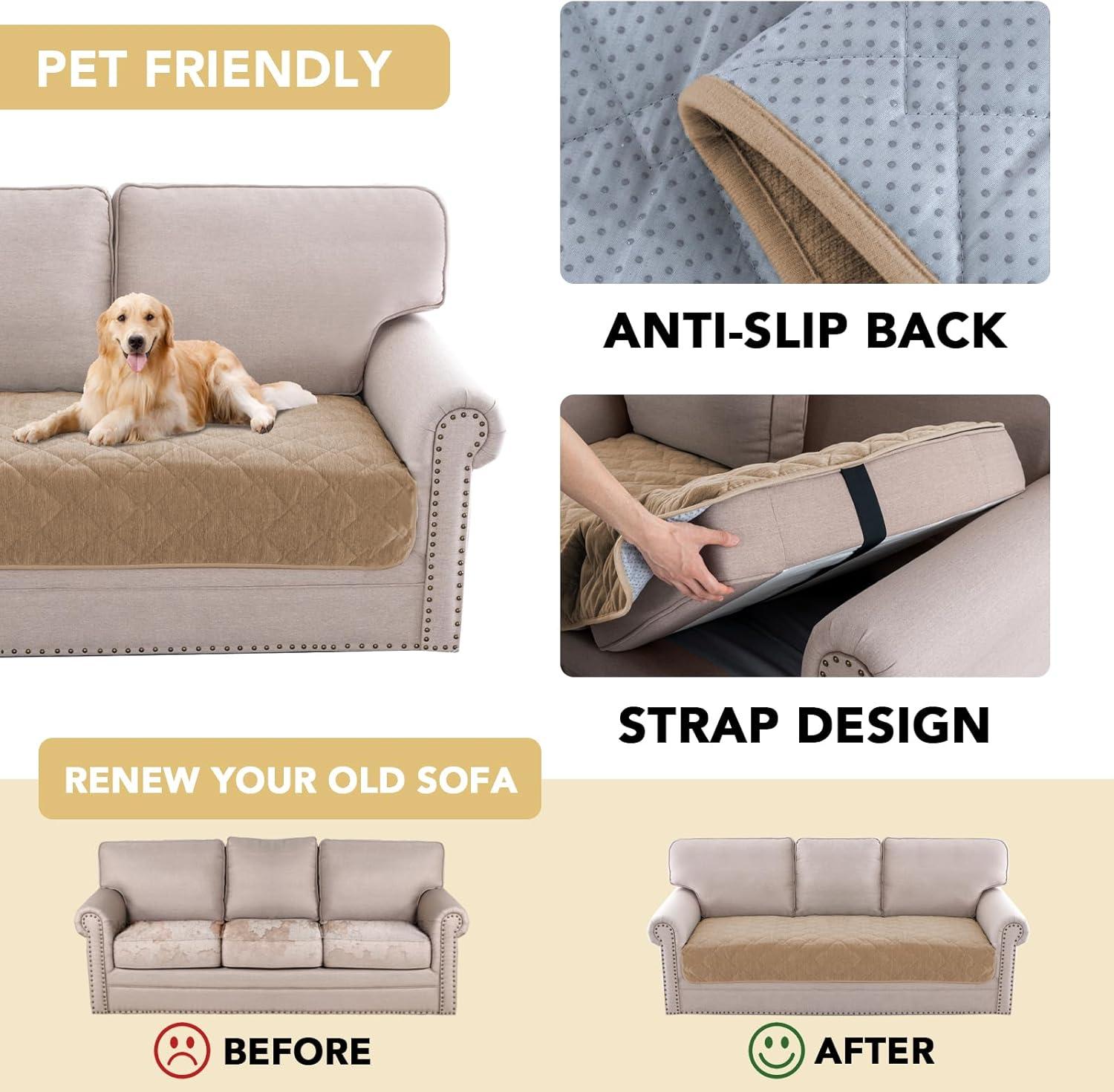 imageHVERSAILTEX Couch Cover Chenille Pet Fuzzy Sofa Covers for 3 Cushion Couch Anti Slip Washable Sofa Slipcovers with Strap Soft Couch Protector Cover for Dogs Cats Kids36quot x 82quot GreyKhaki