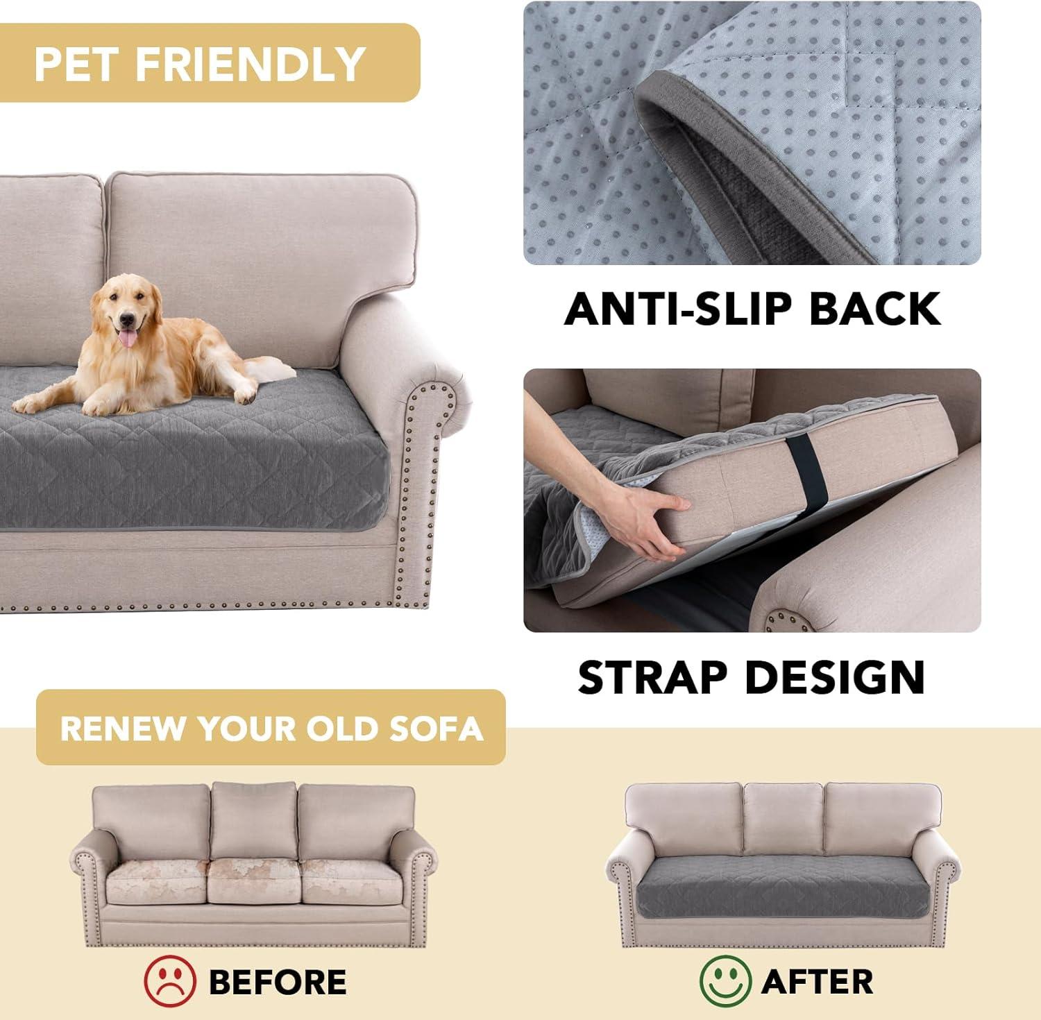 imageHVERSAILTEX Couch Cover Chenille Pet Fuzzy Sofa Covers for 3 Cushion Couch Anti Slip Washable Sofa Slipcovers with Strap Soft Couch Protector Cover for Dogs Cats Kids36quot x 82quot GreyLight Grey