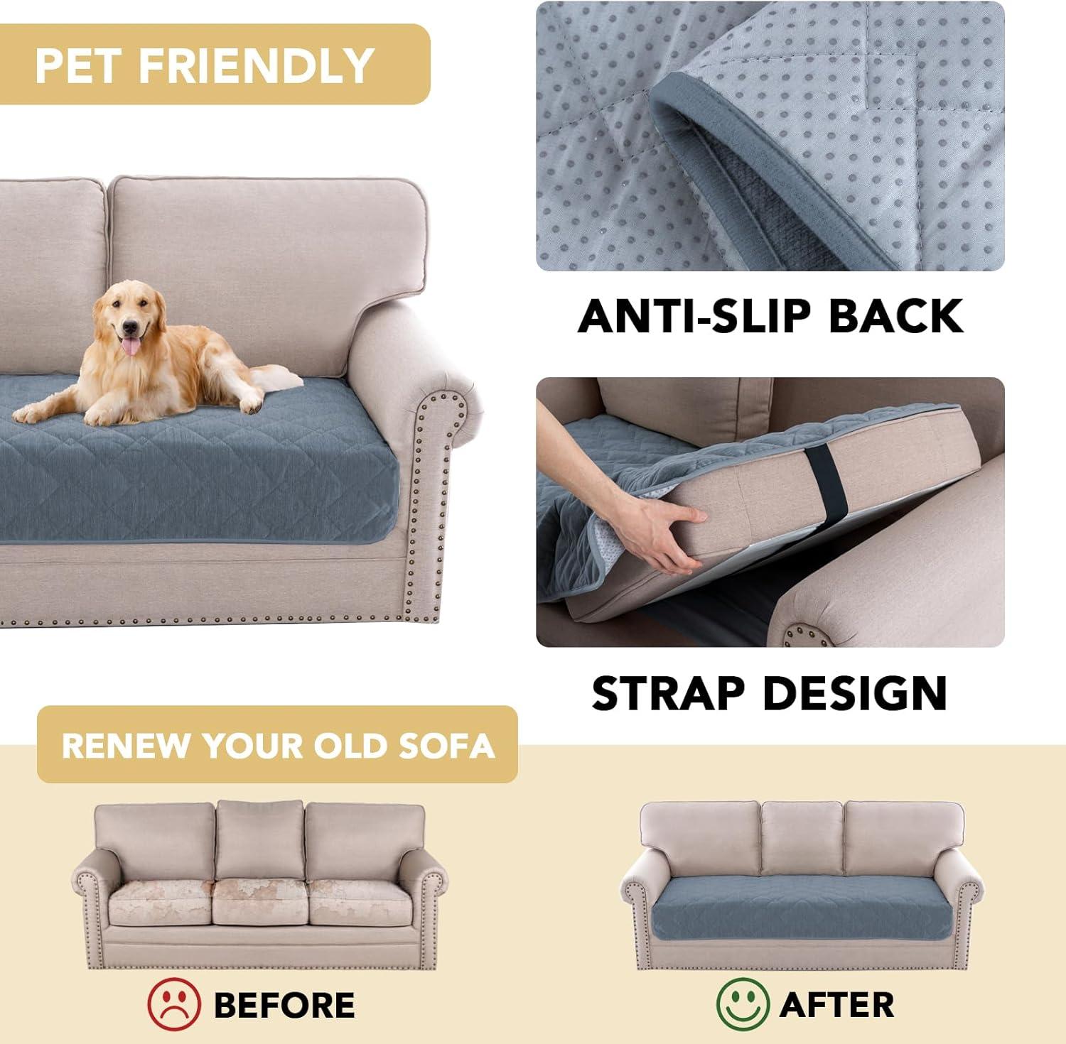 imageHVERSAILTEX Couch Cover Chenille Pet Fuzzy Sofa Covers for 3 Cushion Couch Anti Slip Washable Sofa Slipcovers with Strap Soft Couch Protector Cover for Dogs Cats Kids36quot x 82quot GreyStone Blue
