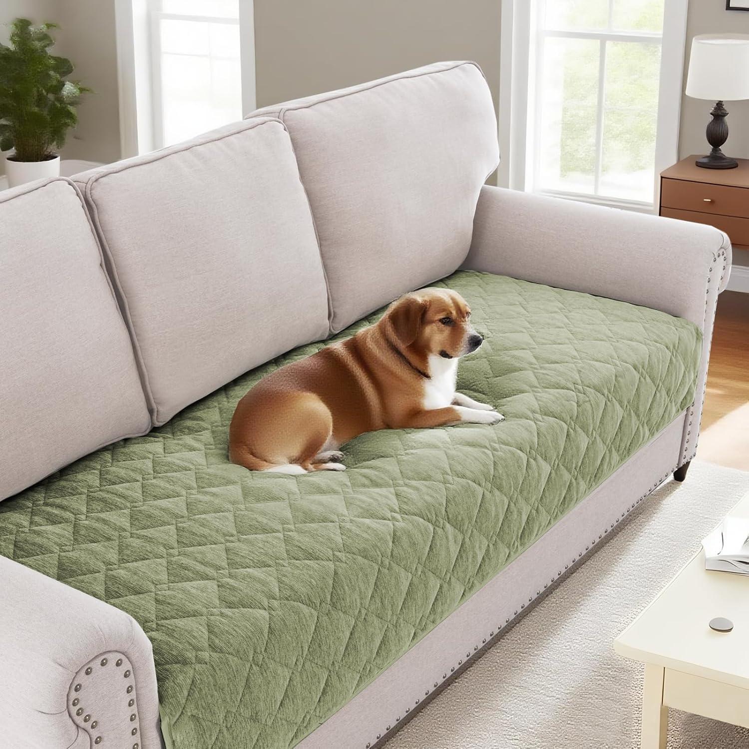 imageHVERSAILTEX Couch Cover Chenille Pet Fuzzy Sofa Covers for 3 Cushion Couch Anti Slip Washable Sofa Slipcovers with Strap Soft Couch Protector Cover for Dogs Cats Kids36quot x 82quot GreyTender Green