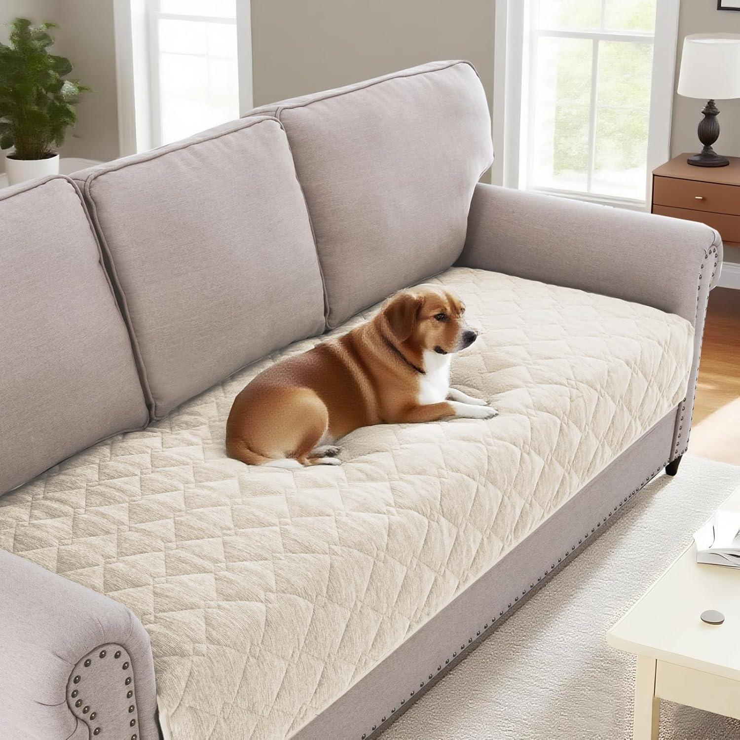 imageHVERSAILTEX Couch Cover Chenille Pet Fuzzy Sofa Covers for 3 Cushion Couch Anti Slip Washable Sofa Slipcovers with Strap Soft Couch Protector Cover for Dogs Cats Kids36quot x 82quot GreyIvory