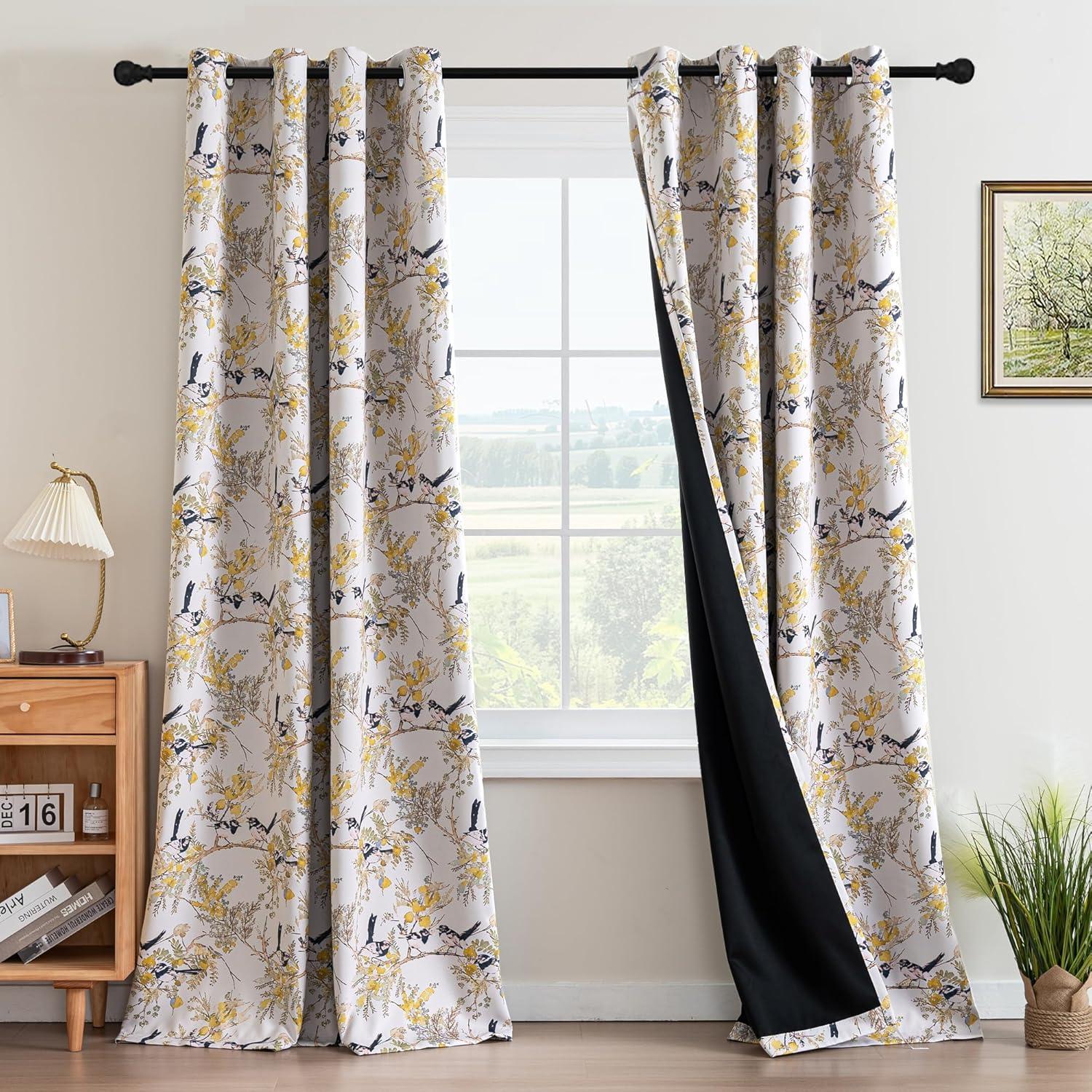 imageHVERSAILTEX Floral 100 Blackout Curtains 84 inch Length 2 Panels Printed Patterned Room Darkening Vintage Thermal Insulated Curtains for Living Room Grommet Curtain Drapes TealBlackMustardBlack