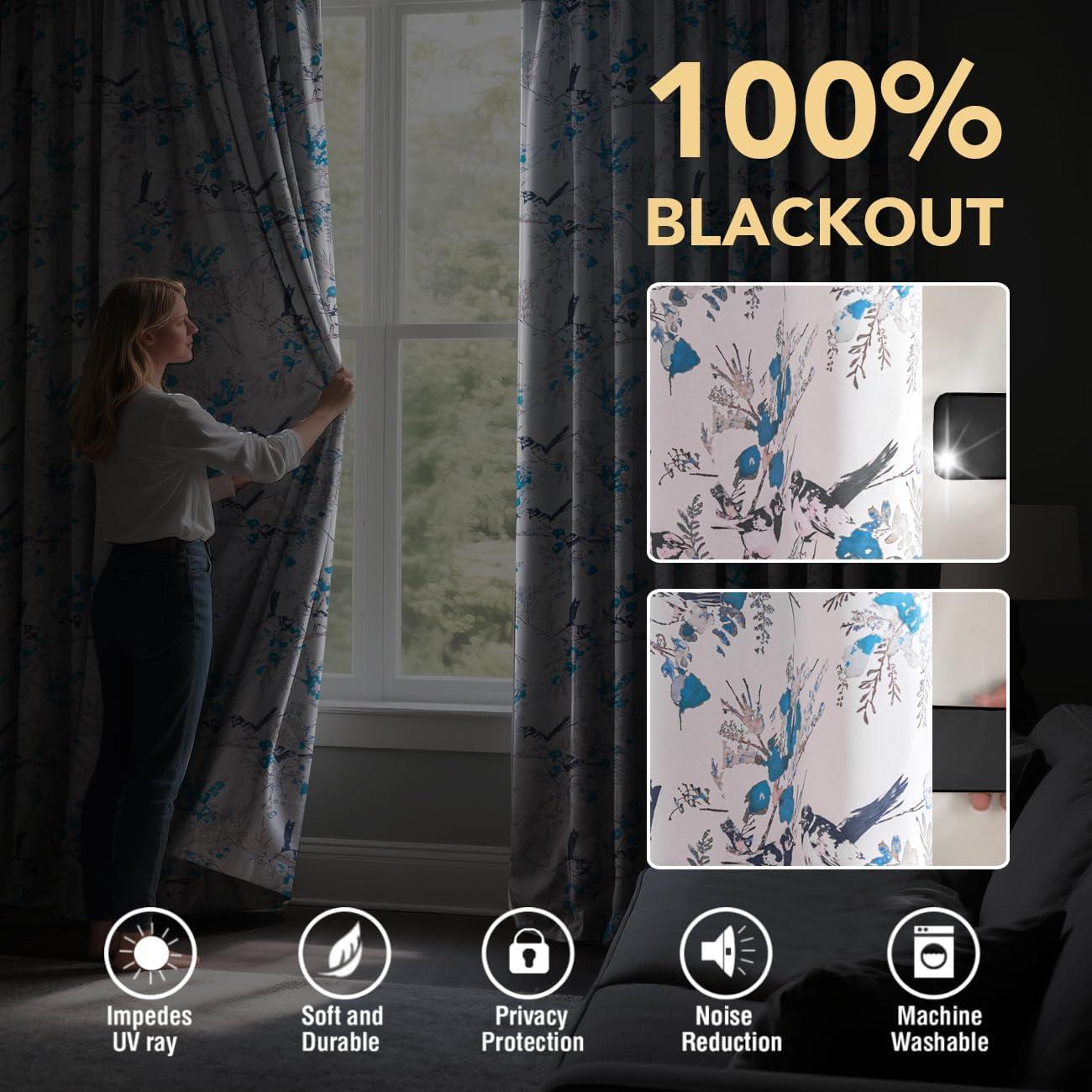 imageHVERSAILTEX Floral 100 Blackout Curtains 84 inch Length 2 Panels Printed Patterned Room Darkening Vintage Thermal Insulated Curtains for Living Room Grommet Curtain Drapes TealBlackBlueBlack