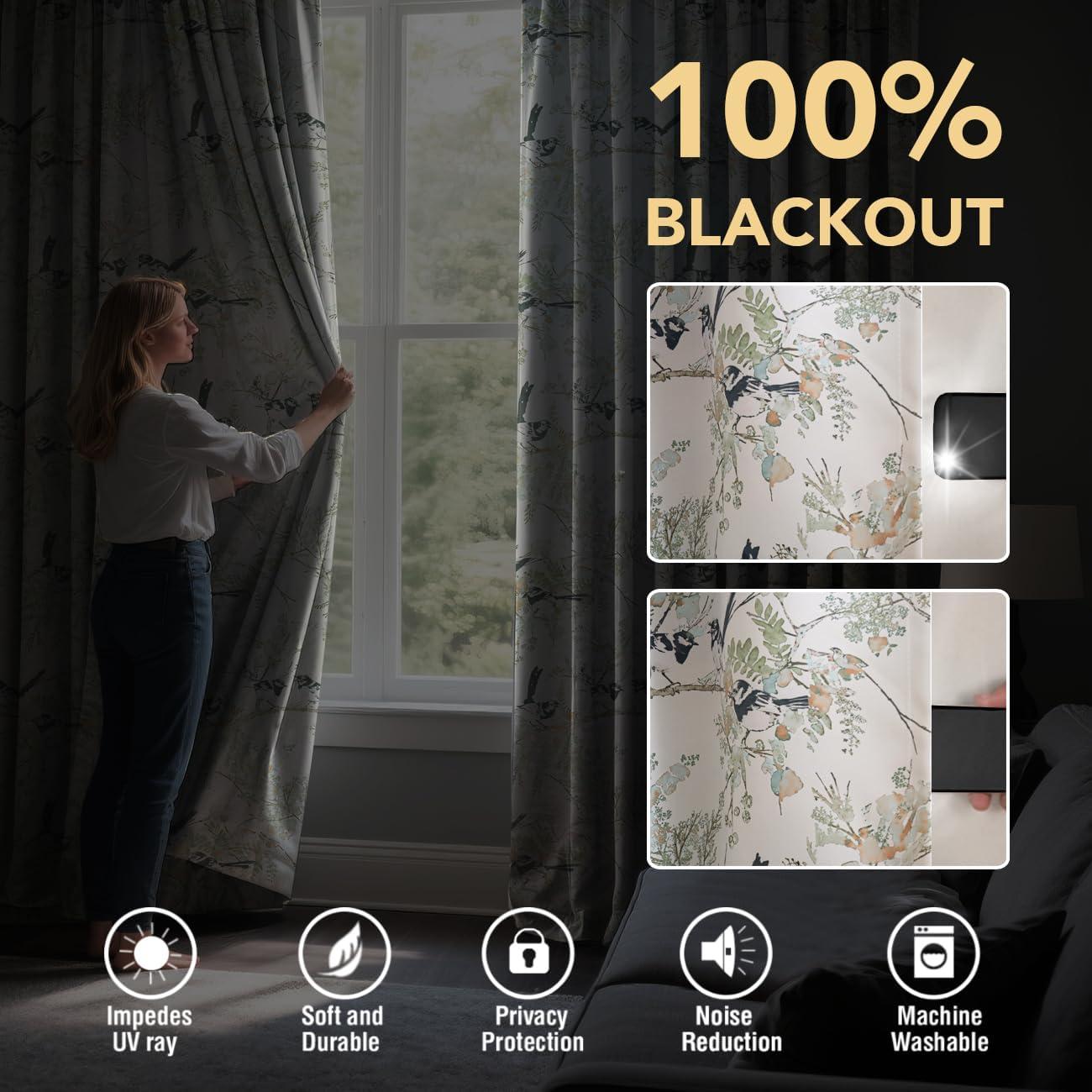 imageHVERSAILTEX Floral 100 Blackout Curtains 84 inch Length 2 Panels Printed Patterned Room Darkening Vintage Thermal Insulated Curtains for Living Room Grommet Curtain Drapes TealBlackPale AquaBlack