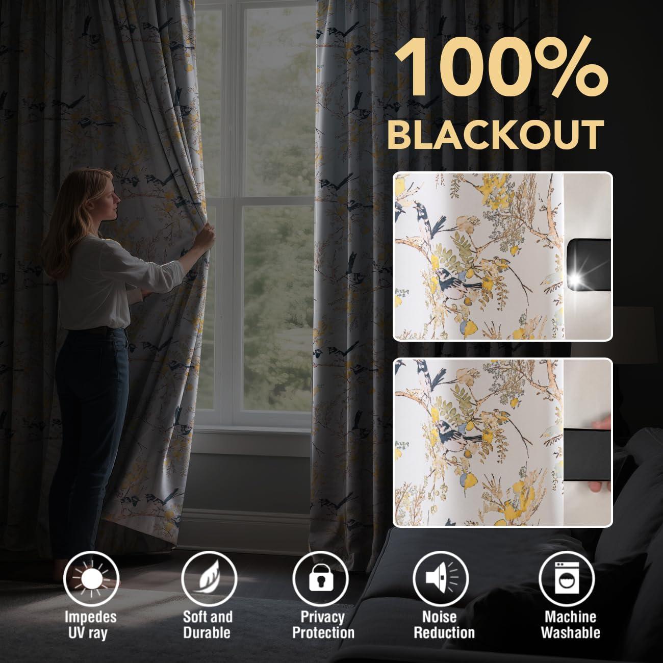 imageHVERSAILTEX Floral 100 Blackout Curtains 84 inch Length 2 Panels Printed Patterned Room Darkening Vintage Thermal Insulated Curtains for Living Room Grommet Curtain Drapes TealBlackMustardBlack