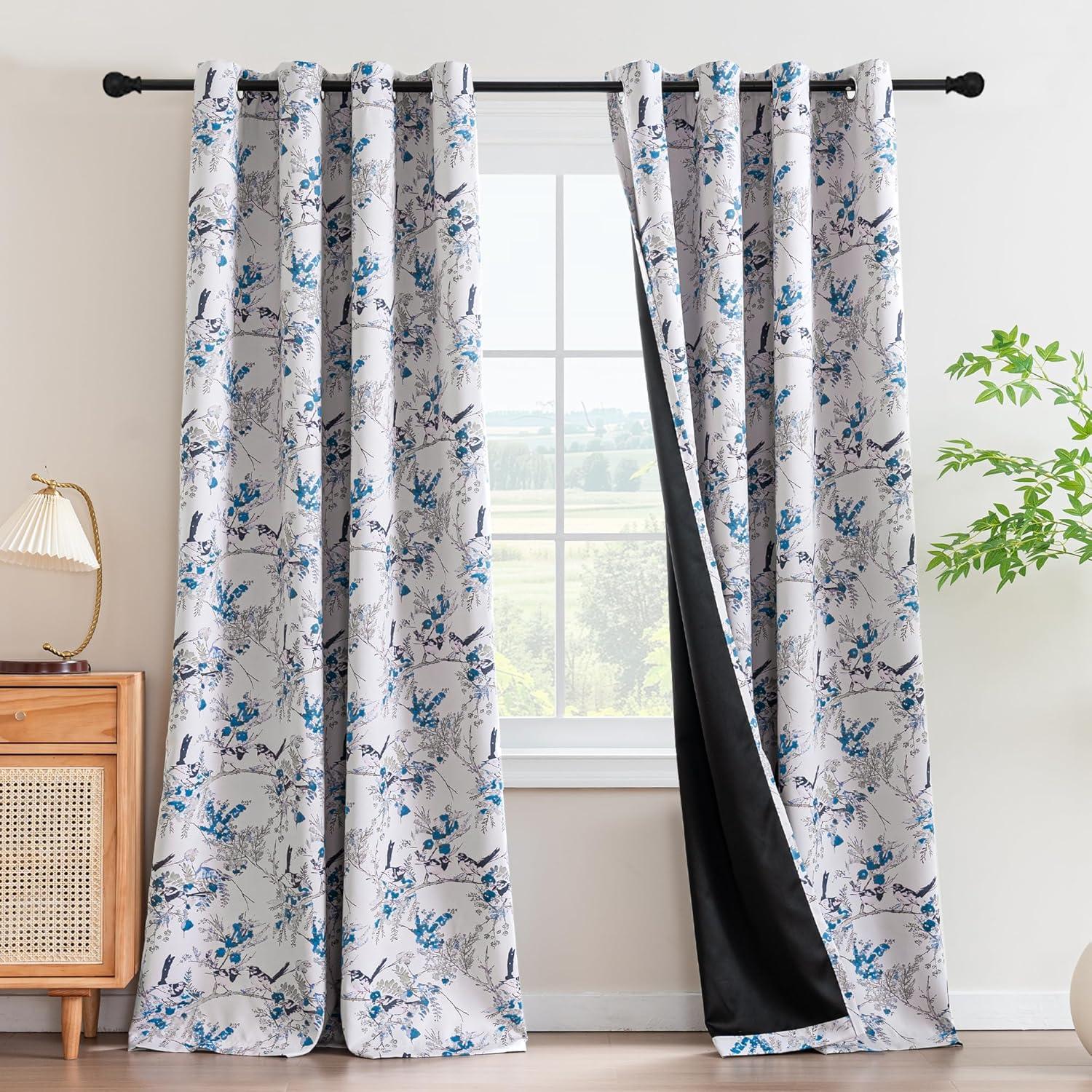 imageHVERSAILTEX Floral 100 Blackout Curtains 84 inch Length 2 Panels Printed Patterned Room Darkening Vintage Thermal Insulated Curtains for Living Room Grommet Curtain Drapes TealBlackBlueBlack