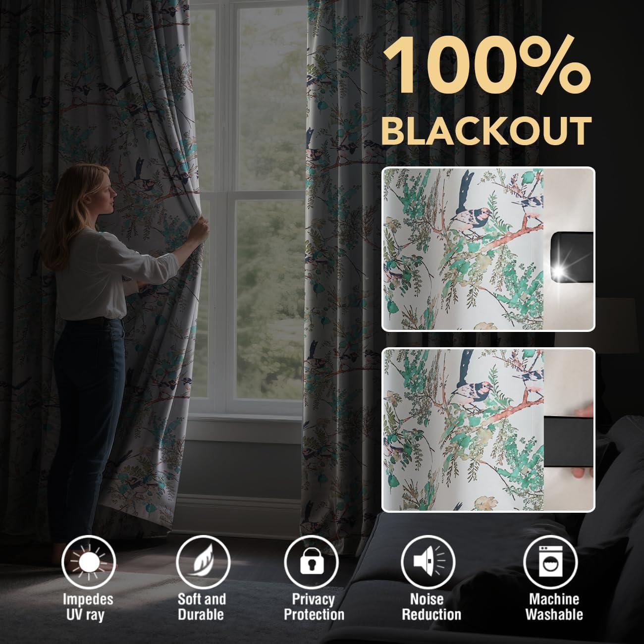 imageHVERSAILTEX Floral 100 Blackout Curtains 84 inch Length 2 Panels Printed Patterned Room Darkening Vintage Thermal Insulated Curtains for Living Room Grommet Curtain Drapes TealBlackTurquoiseBlack
