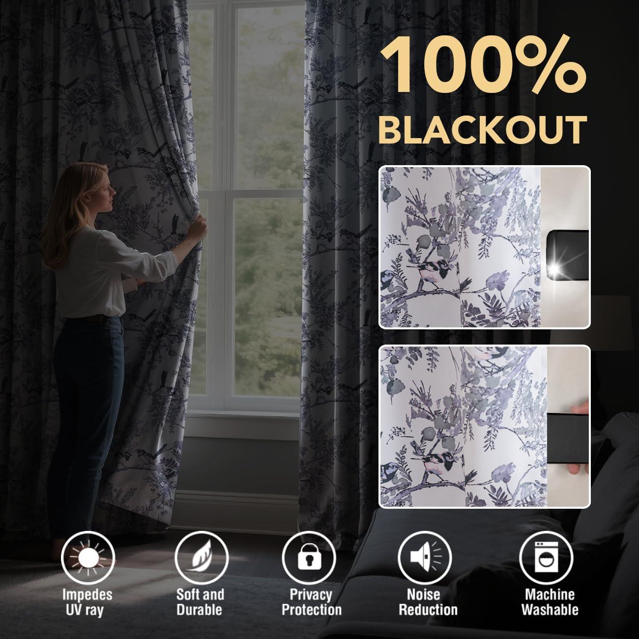 imageHVERSAILTEX Floral 100 Blackout Curtains 84 inch Length 2 Panels Printed Patterned Room Darkening Vintage Thermal Insulated Curtains for Living Room Grommet Curtain Drapes TealBlackSageBlack