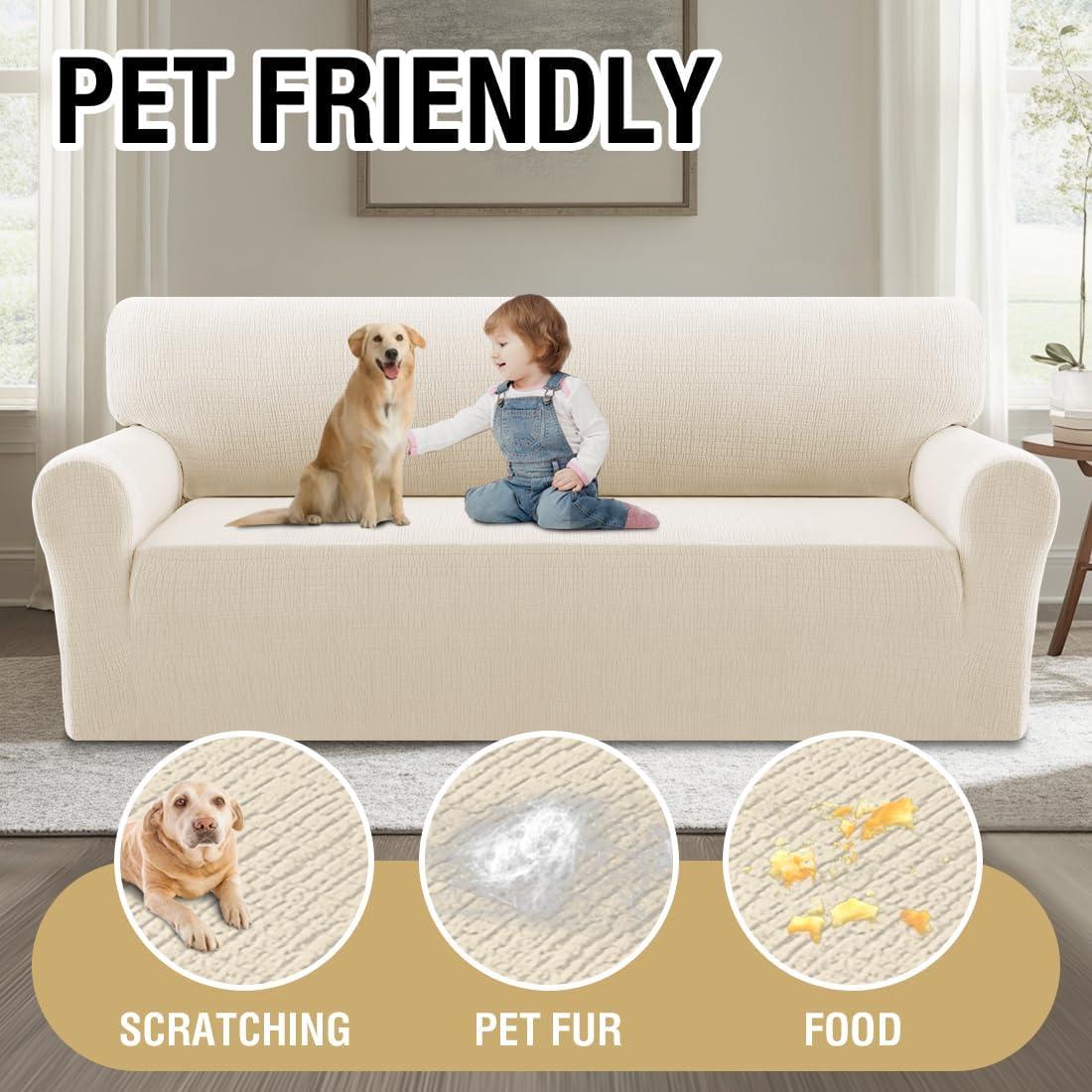 imageHVERSAILTEX Jacquard Sofa Slipcover with Waterproof Seat Furniture Protector 1 Piece Stretch Sofa Covers with Elastic Bottom for Kids Pets DogSofa IvoryIvory