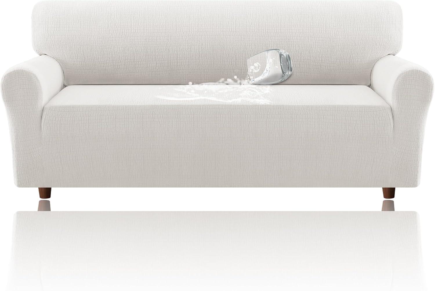 imageHVERSAILTEX Jacquard Sofa Slipcover with Waterproof Seat Furniture Protector 1 Piece Stretch Sofa Covers with Elastic Bottom for Kids Pets DogSofa IvoryPale Oak