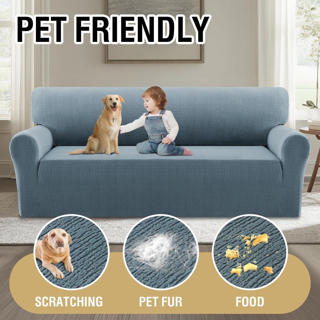 imageHVERSAILTEX Jacquard Sofa Slipcover with Waterproof Seat Furniture Protector 1 Piece Stretch Sofa Covers with Elastic Bottom for Kids Pets DogSofa IvoryStone Blue
