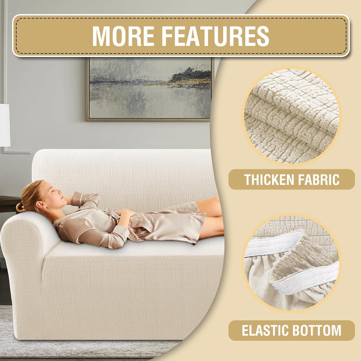 imageHVERSAILTEX Jacquard Sofa Slipcover with Waterproof Seat Furniture Protector 1 Piece Stretch Sofa Covers with Elastic Bottom for Kids Pets DogSofa IvoryIvory