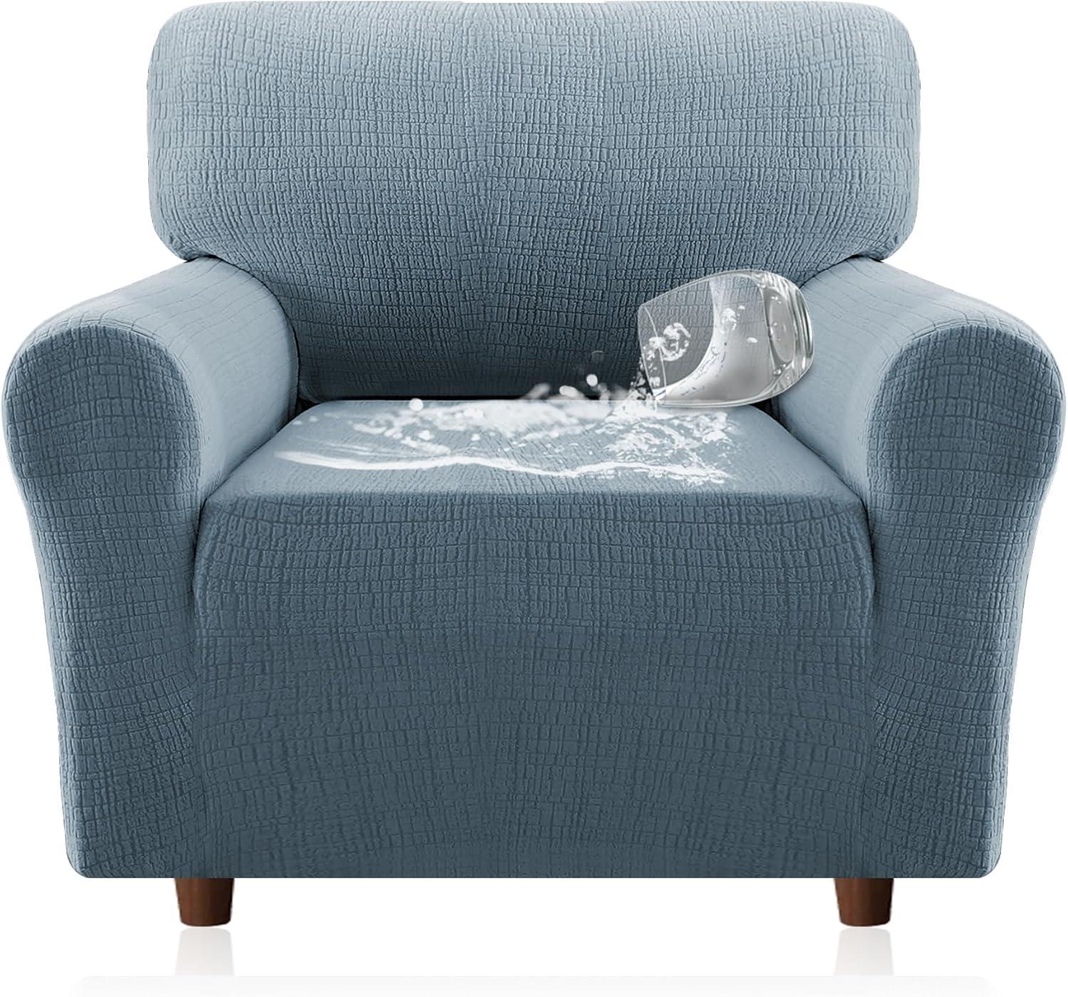 imageHVERSAILTEX Jacquard Sofa Slipcover with Waterproof Seat Furniture Protector 1 Piece Stretch Sofa Covers with Elastic Bottom for Kids Pets DogSofa IvoryStone Blue