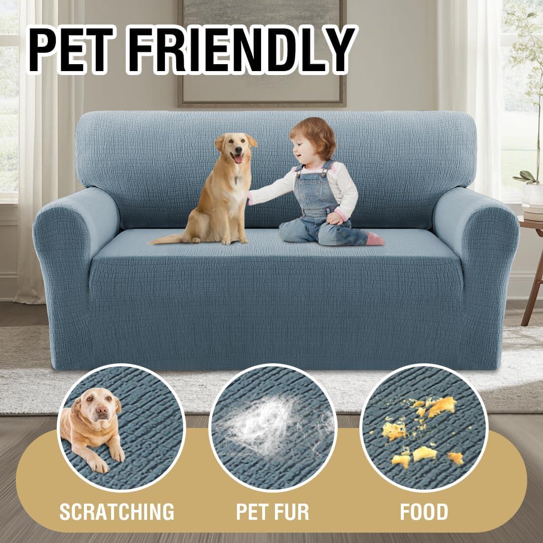 imageHVERSAILTEX Jacquard Sofa Slipcover with Waterproof Seat Furniture Protector 1 Piece Stretch Sofa Covers with Elastic Bottom for Kids Pets DogSofa IvoryStone Blue