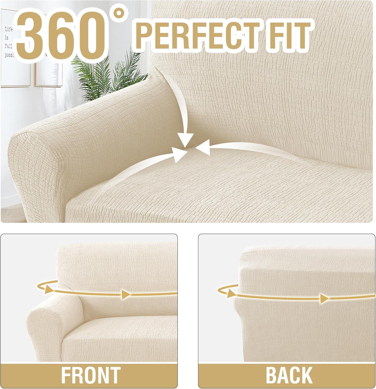 imageHVERSAILTEX Jacquard Sofa Slipcover with Waterproof Seat Furniture Protector 1 Piece Stretch Sofa Covers with Elastic Bottom for Kids Pets DogSofa IvoryIvory