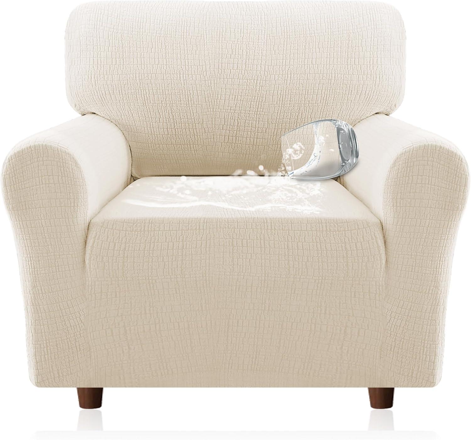 imageHVERSAILTEX Jacquard Sofa Slipcover with Waterproof Seat Furniture Protector 1 Piece Stretch Sofa Covers with Elastic Bottom for Kids Pets DogSofa IvoryIvory