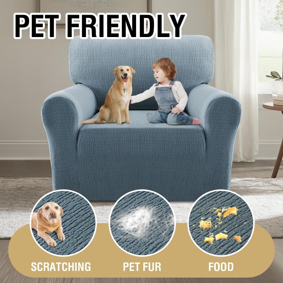 imageHVERSAILTEX Jacquard Sofa Slipcover with Waterproof Seat Furniture Protector 1 Piece Stretch Sofa Covers with Elastic Bottom for Kids Pets DogSofa IvoryStone Blue