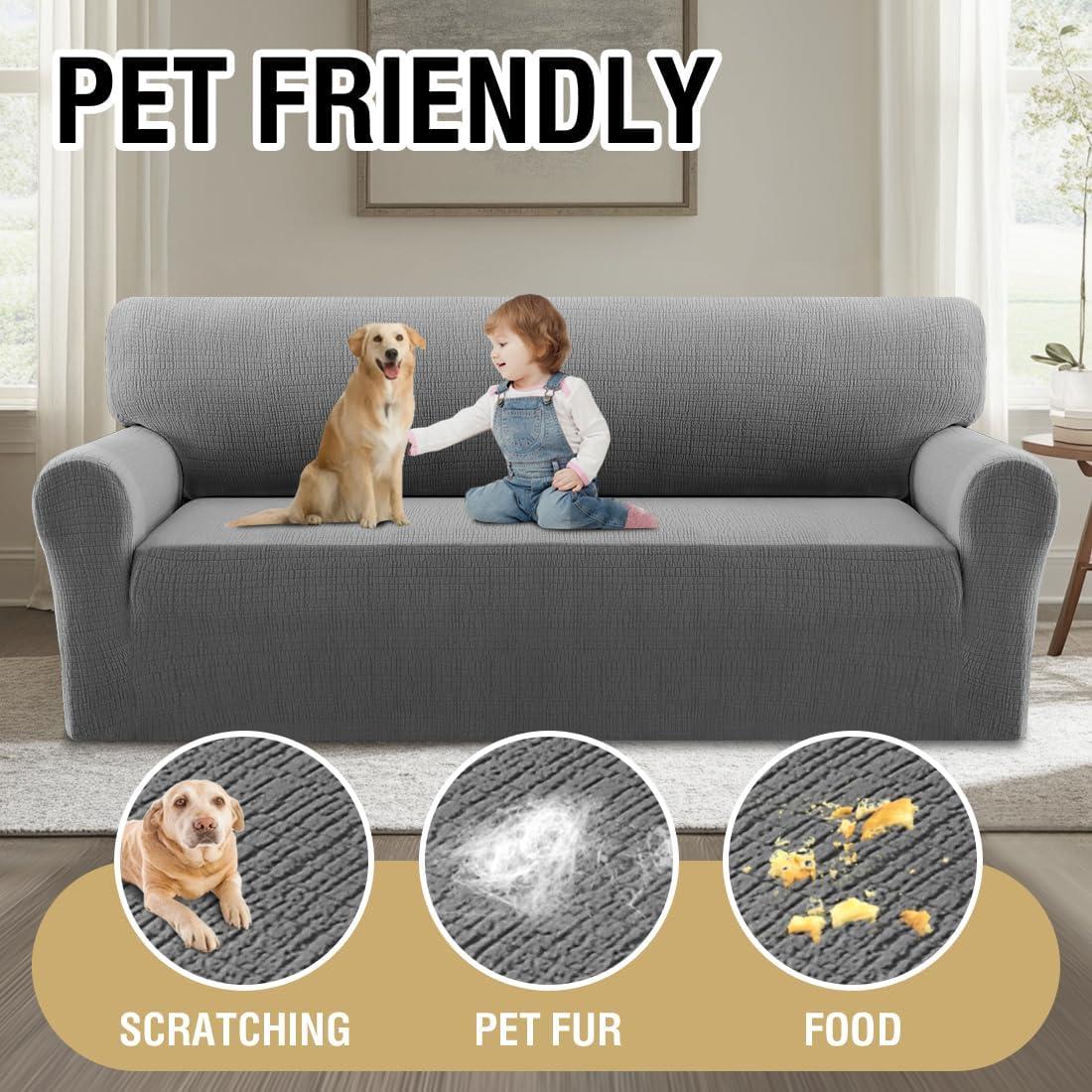 imageHVERSAILTEX Jacquard Sofa Slipcover with Waterproof Seat Furniture Protector 1 Piece Stretch Sofa Covers with Elastic Bottom for Kids Pets DogSofa IvoryGrey