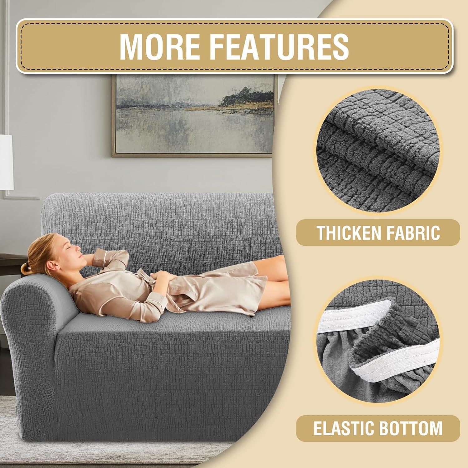 imageHVERSAILTEX Jacquard Sofa Slipcover with Waterproof Seat Furniture Protector 1 Piece Stretch Sofa Covers with Elastic Bottom for Kids Pets DogSofa IvoryGrey