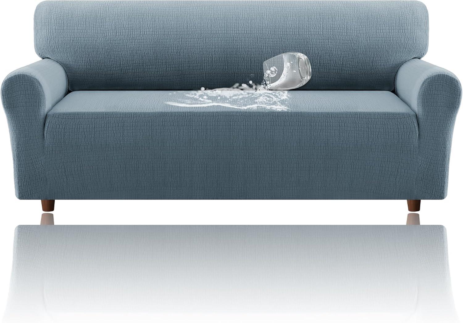 imageHVERSAILTEX Jacquard Sofa Slipcover with Waterproof Seat Furniture Protector 1 Piece Stretch Sofa Covers with Elastic Bottom for Kids Pets DogSofa IvoryStone Blue