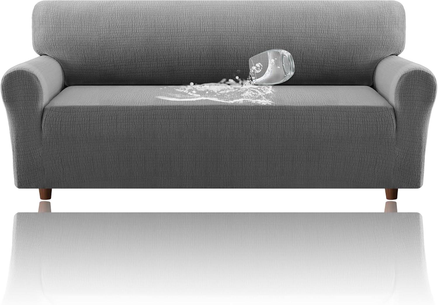 imageHVERSAILTEX Jacquard Sofa Slipcover with Waterproof Seat Furniture Protector 1 Piece Stretch Sofa Covers with Elastic Bottom for Kids Pets DogSofa IvoryGrey