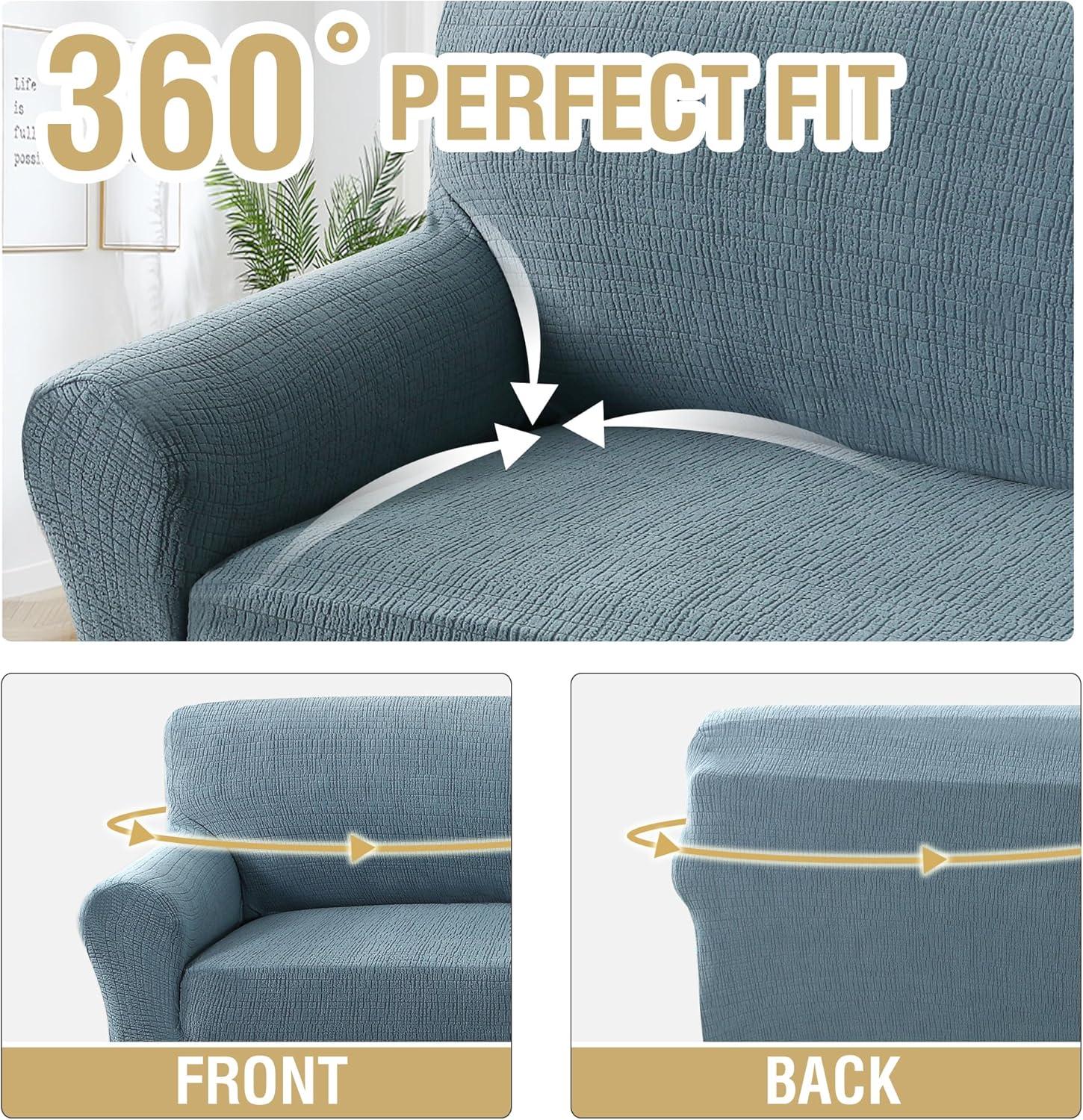 imageHVERSAILTEX Jacquard Sofa Slipcover with Waterproof Seat Furniture Protector 1 Piece Stretch Sofa Covers with Elastic Bottom for Kids Pets DogSofa IvoryStone Blue