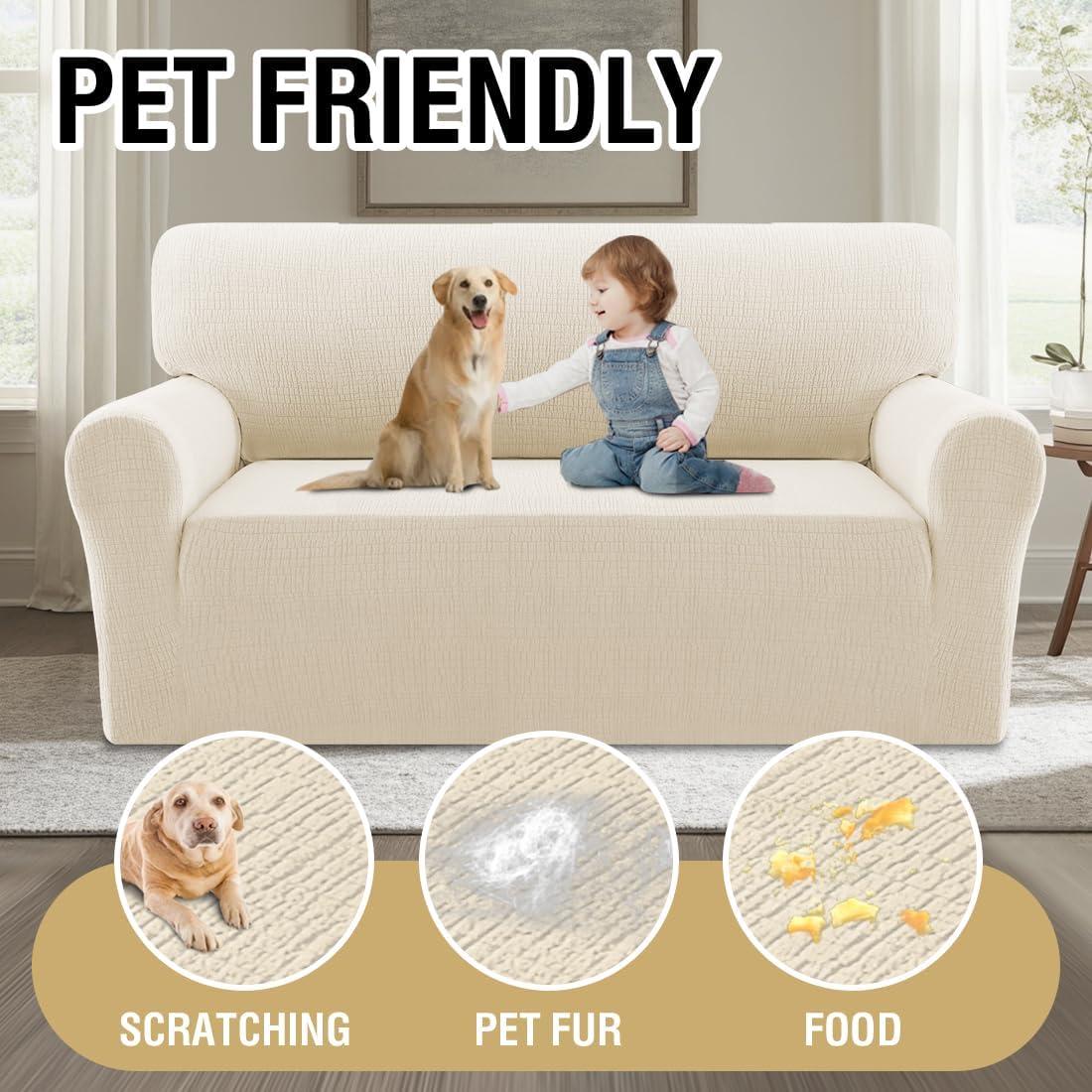 imageHVERSAILTEX Jacquard Sofa Slipcover with Waterproof Seat Furniture Protector 1 Piece Stretch Sofa Covers with Elastic Bottom for Kids Pets DogSofa IvoryIvory
