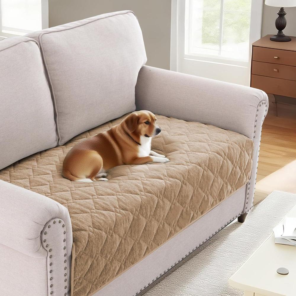 imageHVERSAILTEX Couch Cover Chenille Pet Fuzzy Sofa Covers for 3 Cushion Couch Anti Slip Washable Sofa Slipcovers with Strap Soft Couch Protector Cover for Dogs Cats Kids36quot x 82quot GreyKhaki