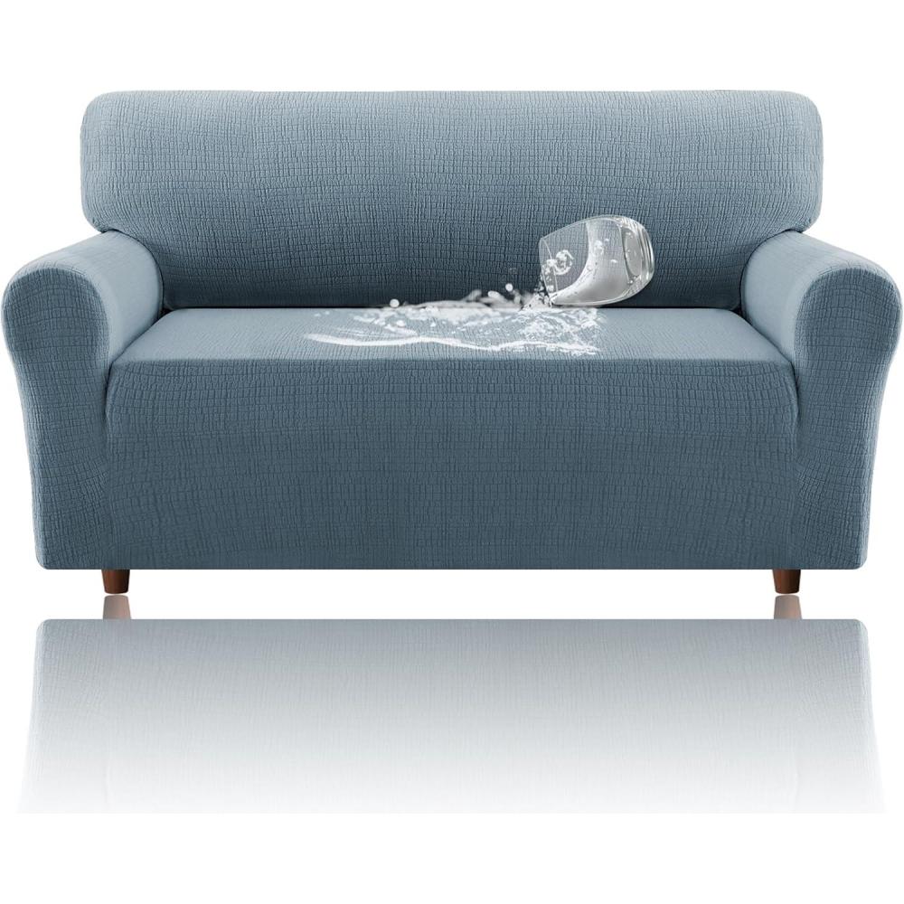 imageHVERSAILTEX Jacquard Sofa Slipcover with Waterproof Seat Furniture Protector 1 Piece Stretch Sofa Covers with Elastic Bottom for Kids Pets DogSofa IvoryStone Blue