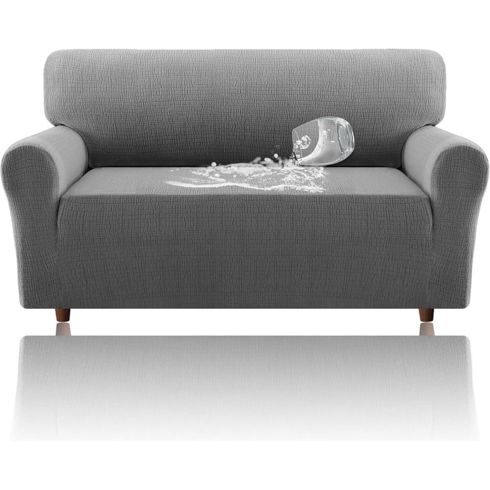 imageHVERSAILTEX Jacquard Sofa Slipcover with Waterproof Seat Furniture Protector 1 Piece Stretch Sofa Covers with Elastic Bottom for Kids Pets DogSofa IvoryGrey