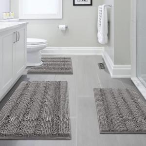 imageHVERSAILTEX 3 Piece Thick Striped Bath Rugs Set for Bathroom Non Slip Soft Absorbent Bath Mat for Tub Shower and Toilet17x2420x3220x24 UShaped IvoryDove