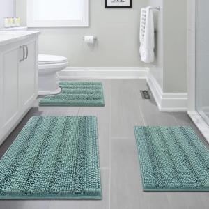 imageHVERSAILTEX 3 Piece Thick Striped Bath Rugs Set for Bathroom Non Slip Soft Absorbent Bath Mat for Tub Shower and Toilet17x2420x3220x24 UShaped IvoryEggshell Blue