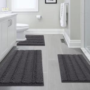 imageHVERSAILTEX 3 Piece Thick Striped Bath Rugs Set for Bathroom Non Slip Soft Absorbent Bath Mat for Tub Shower and Toilet17x2420x3220x24 UShaped IvoryGrey