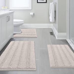 imageHVERSAILTEX 3 Piece Thick Striped Bath Rugs Set for Bathroom Non Slip Soft Absorbent Bath Mat for Tub Shower and Toilet17x2420x3220x24 UShaped IvoryIvory